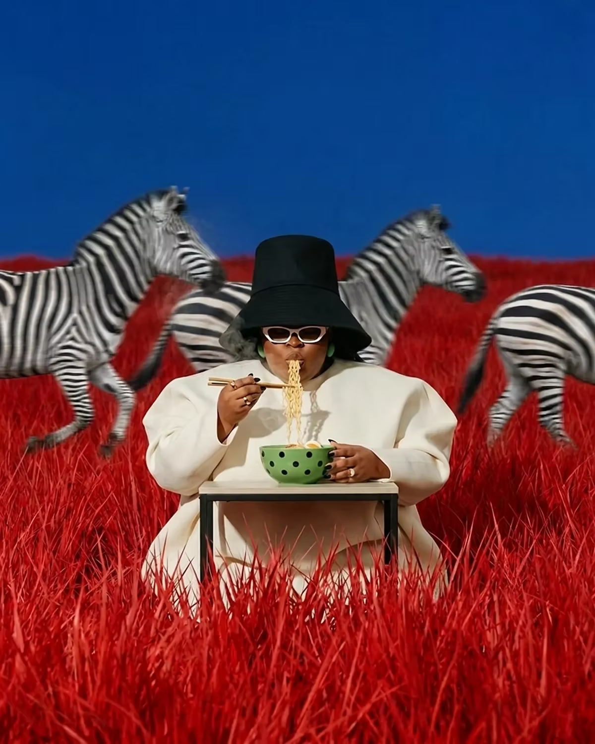 Creative portrait in a surreal scene with zebras and red grass
