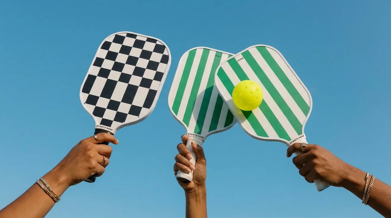 Three hands raising green-striped and checkerboard pickleball paddles with a yellow ball against a blue sky