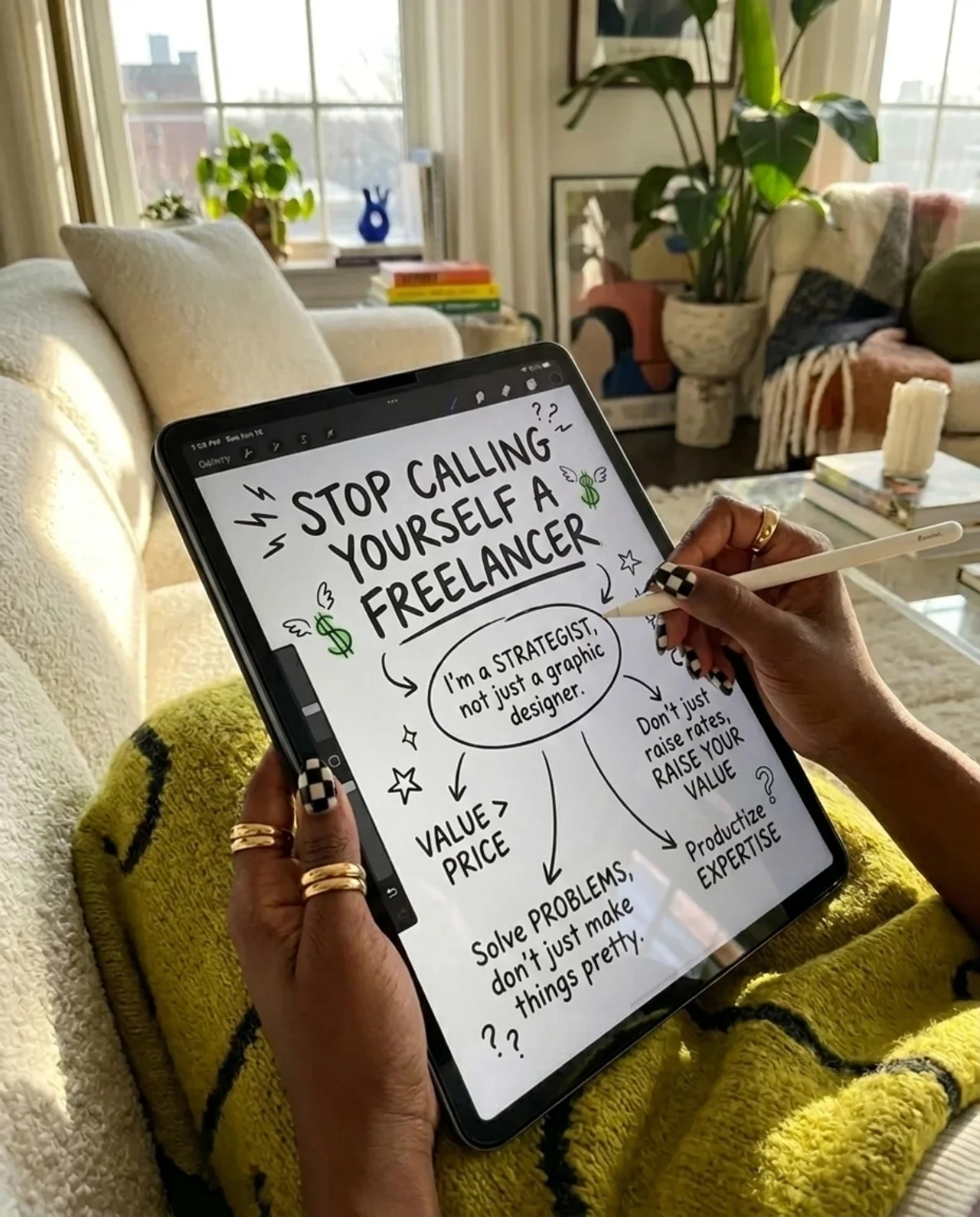 Hand-lettered iPad note that reads Stop calling yourself a freelancer, with arrows to Value > Price, Raise your value, and Productize expertise.