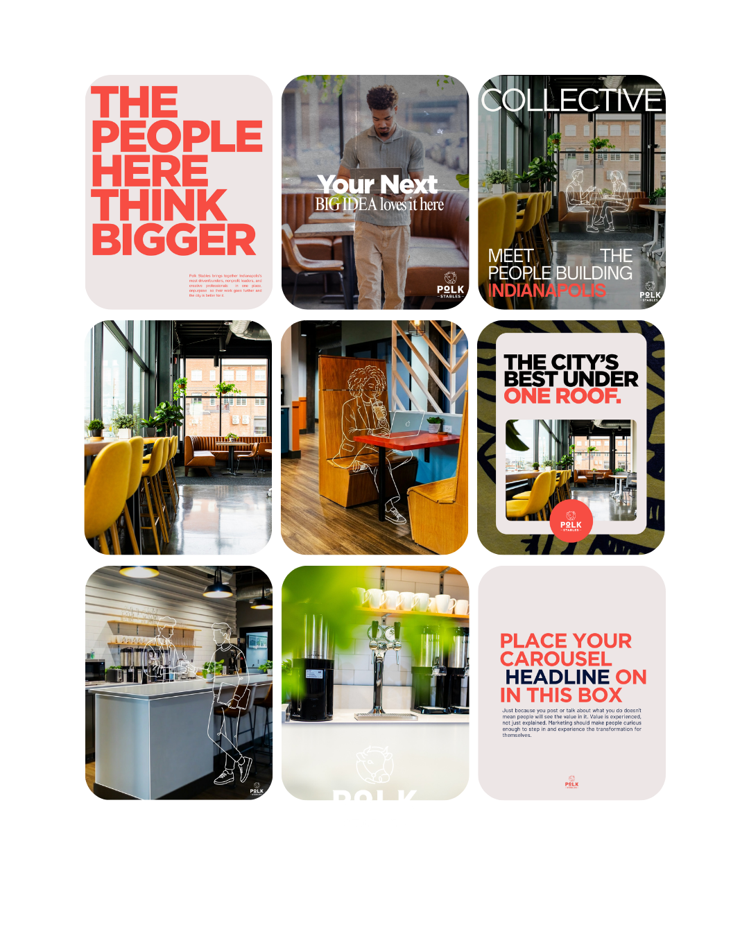 Brand campaign carousel — bold typography and editorial layouts