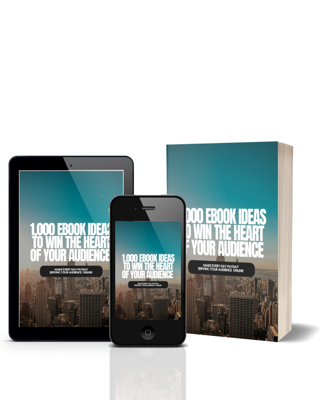 1,000 Ebook Ideas For Coaches and Creators — tablet, phone, and paperback mockup