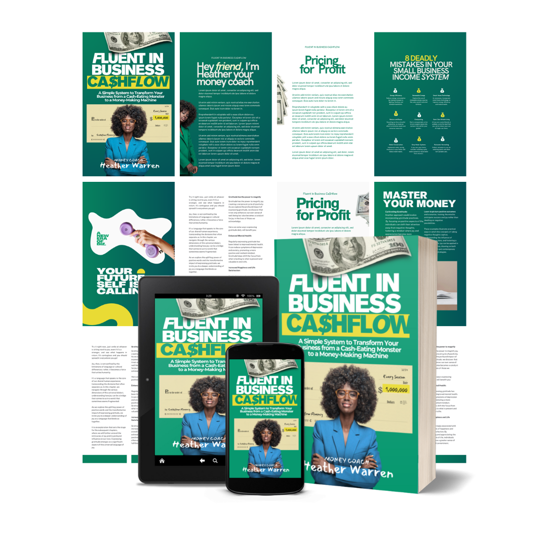 Professional Canva Ebook Templates — Fluent in Business Cashflow ebook mockup with tablet, phone, and paperback
