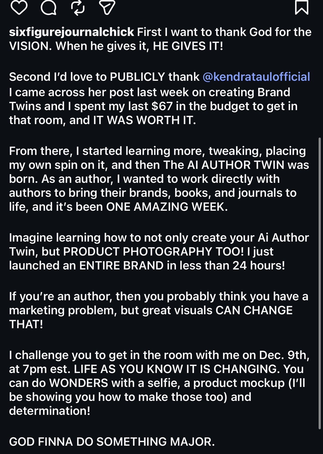 Testimonial screenshot from @sixfigurejournalchick